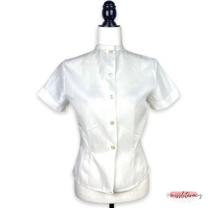 VTG Women’s Mockneck White Button-Down Short Sleeve Ladies’ Blouse Spring XS/S
